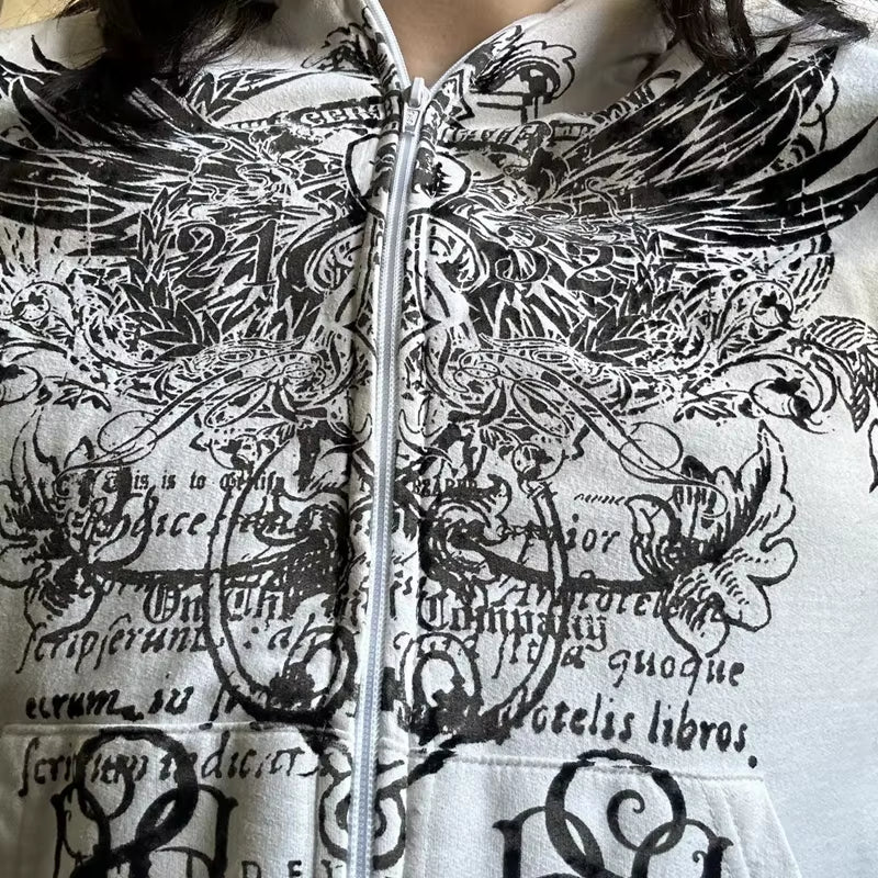 Wing Print Mall Goth Vintage Hoodies Y2K Grunge Graphic Long Sleeve Hooded Sweatshirt Harajuku Japanese Aesthetic Women