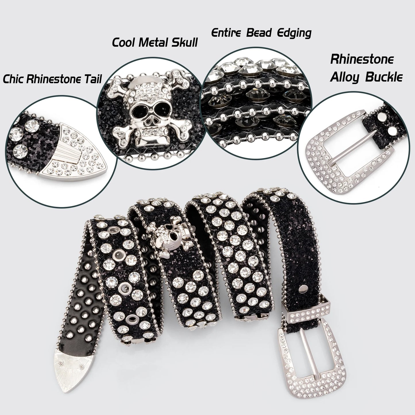 Head Skull Buckle Belts for Mens & Womens Shinning Rhinestone Black Belts for Waist Size 27-30"