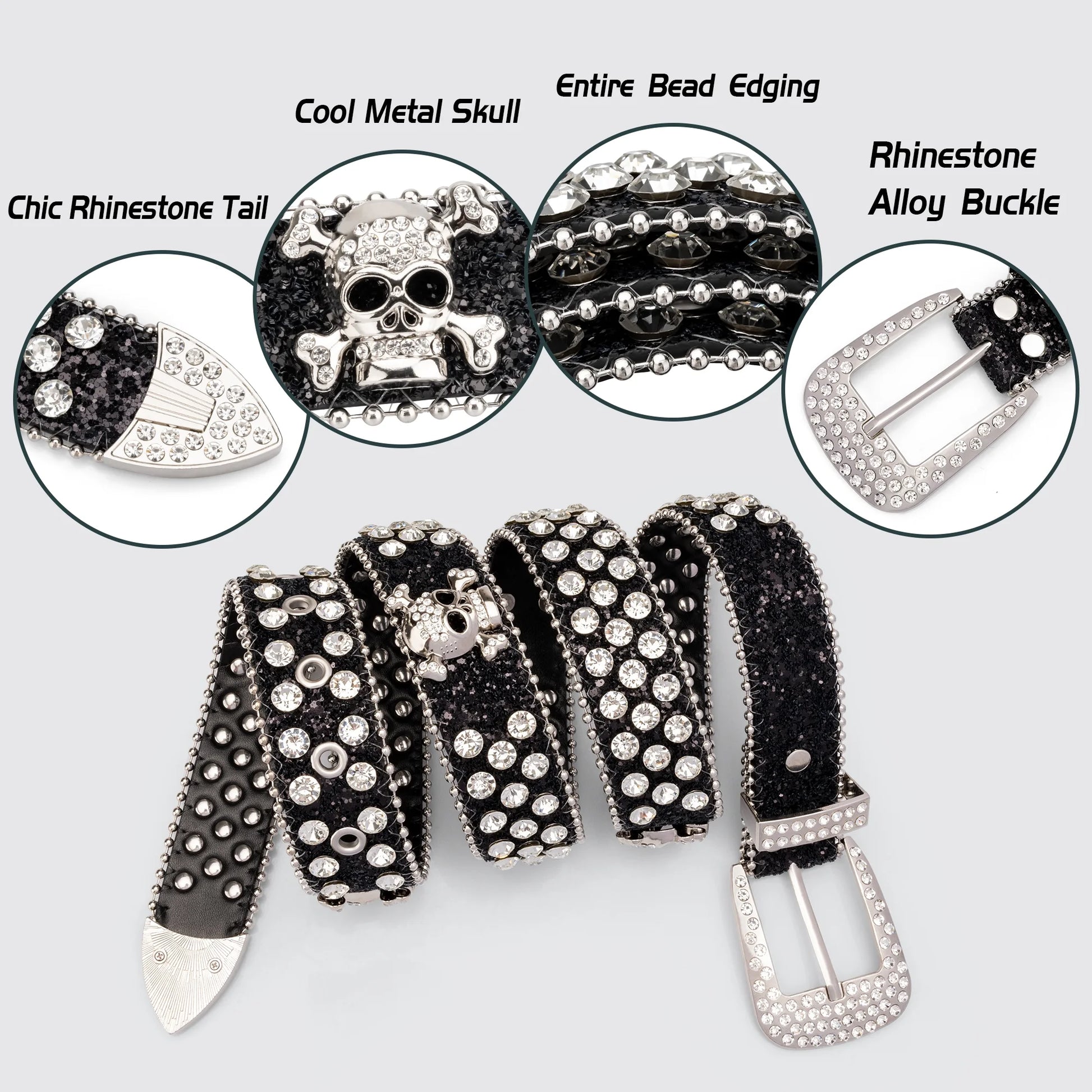 Head Skull Buckle Belts for Mens & Womens Shinning Rhinestone Black Belts for Waist Size 27-30"