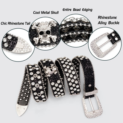 Head Skull Buckle Belts for Mens & Womens Shinning Rhinestone Black Belts for Waist Size 27-30"