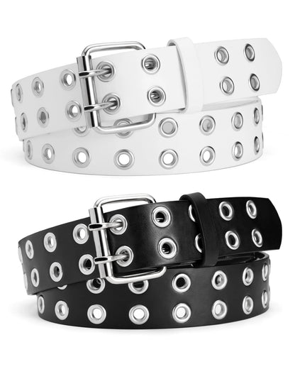 Women Belts Grommet Leather Belts for Women Studded Belt Punk Accessories Black&White Belt 2PC