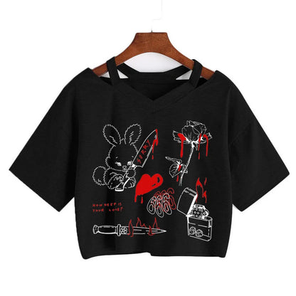 Summer Crop Tops V-Neck Punk Gothic Clothing Tee Harajuku Sexy Short Sleeve T-Shirts Streetwear Short Crop Top Women Aesthetics