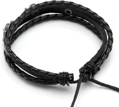 6Pcs Men Braided Leather Bracelet Black Punk Rock Skull Bracelet