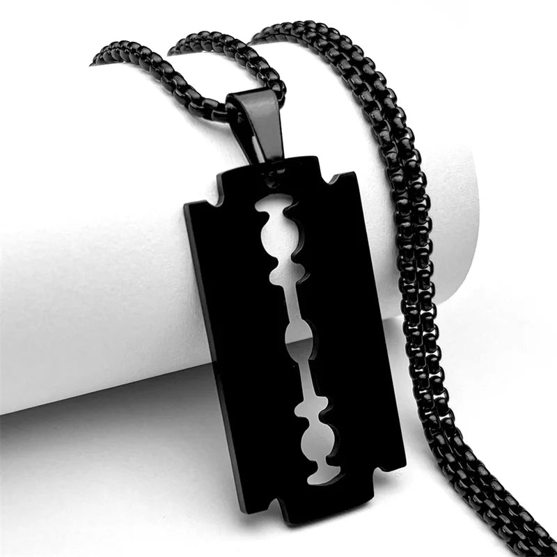 Gothic Blade Razor Pendant Necklaces Men Stainless Steel Black Goth Male Chain Necklace Grunge Y2K Emo Jewelry Collier Homme