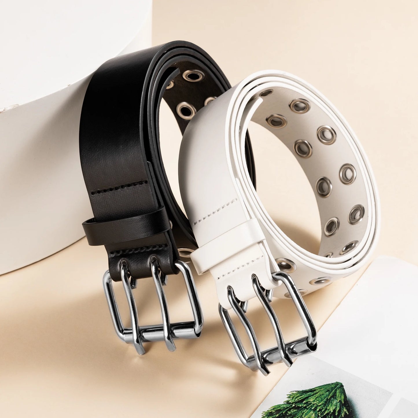 Women Belts Grommet Leather Belts for Women Studded Belt Punk Accessories Black&White Belt 2PC