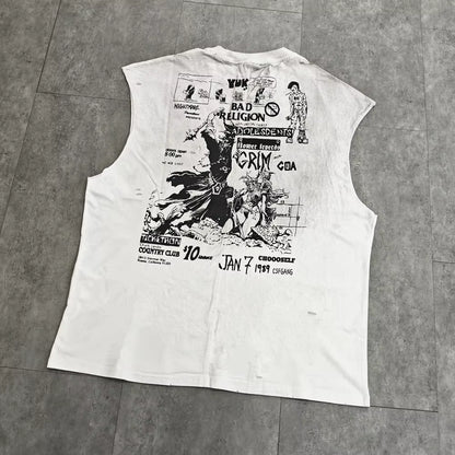 Yao Fashion Men Clothing Vest High Quality Sleeveless Tee Streetwear Band Vintage Punk Rock Hiphop Tops Loose Cotton Men T Shirt