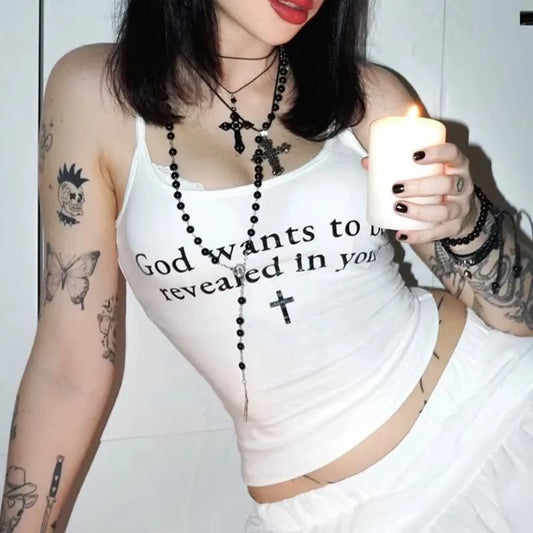 2000S Aesthetic Goth Letter Crop Top Vintage Harajuku Y2K Clothes Emo Girl Vest Baby Tees Vintage Women Sleeveless Corset Emo