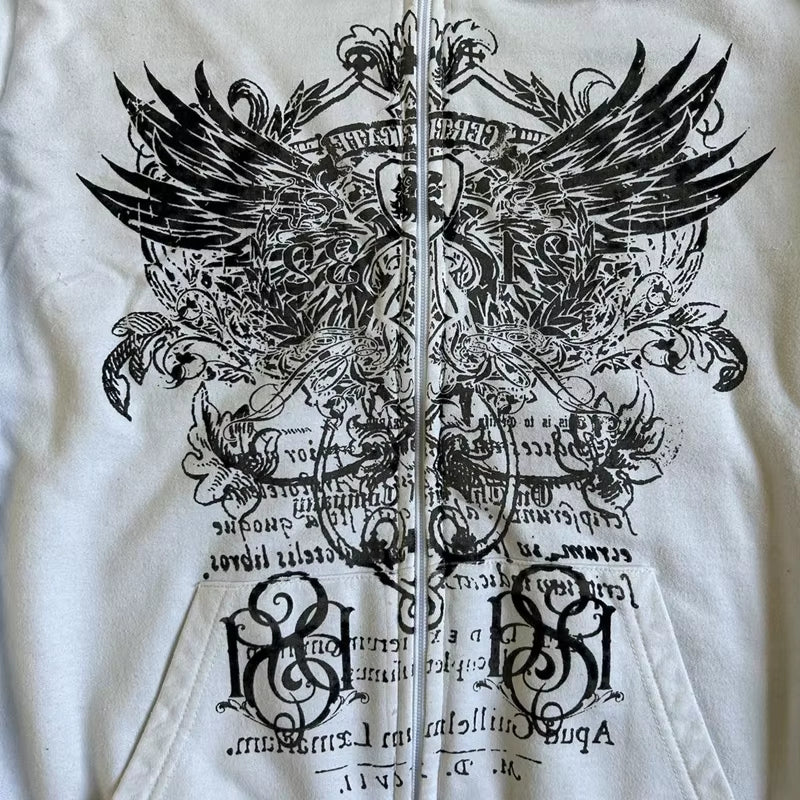 Wing Print Mall Goth Vintage Hoodies Y2K Grunge Graphic Long Sleeve Hooded Sweatshirt Harajuku Japanese Aesthetic Women