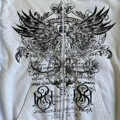 Wing Print Mall Goth Vintage Hoodies Y2K Grunge Graphic Long Sleeve Hooded Sweatshirt Harajuku Japanese Aesthetic Women