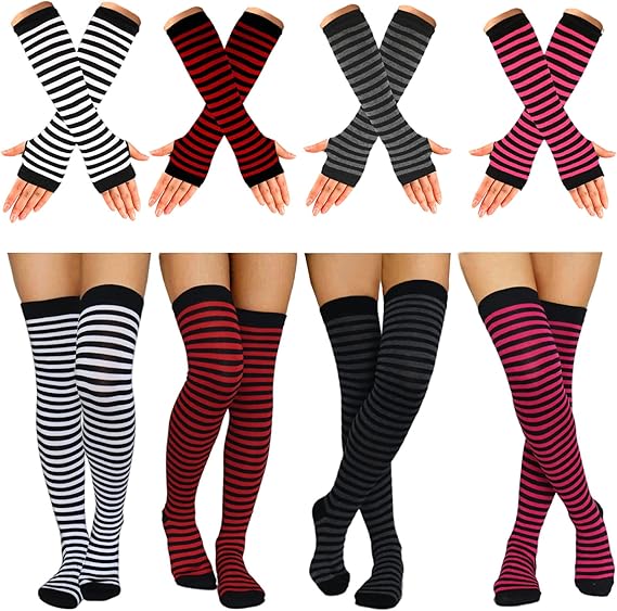 8 Pcs Womens Striped Knee High Socks Stockings Y2K Goth Knitted Long Arm Warmer Fingerless Gloves Set