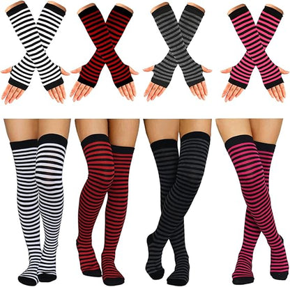 8 Pcs Womens Striped Knee High Socks Stockings Y2K Goth Knitted Long Arm Warmer Fingerless Gloves Set