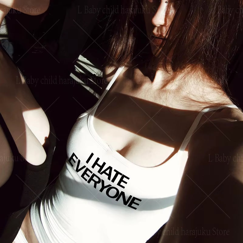 I HATE EVERYONE Print Gothic Tank Tops Summer Fashion Chic Slim Aesthetic Top Punk Woman Clothing Vests Streetwear Y2K 2000S Tee