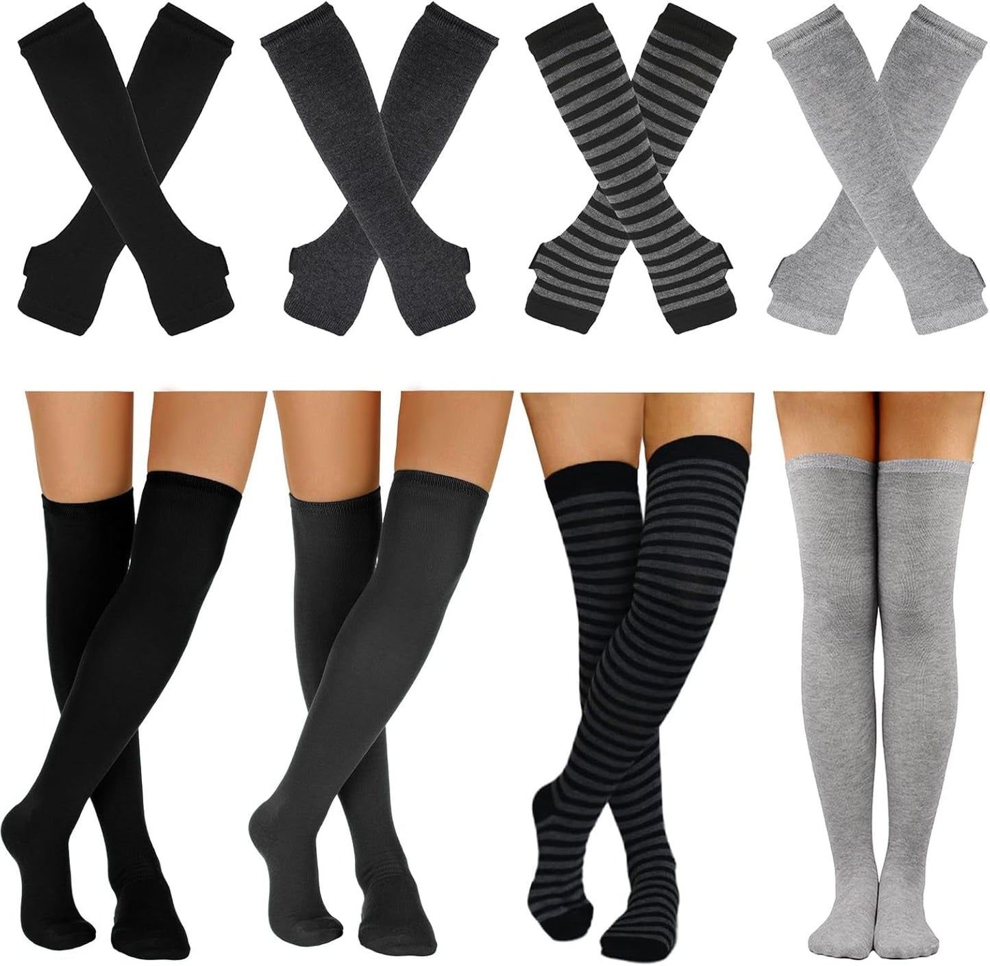 8 Pcs Womens Striped Knee High Socks Stockings Y2K Goth Knitted Long Arm Warmer Fingerless Gloves Set