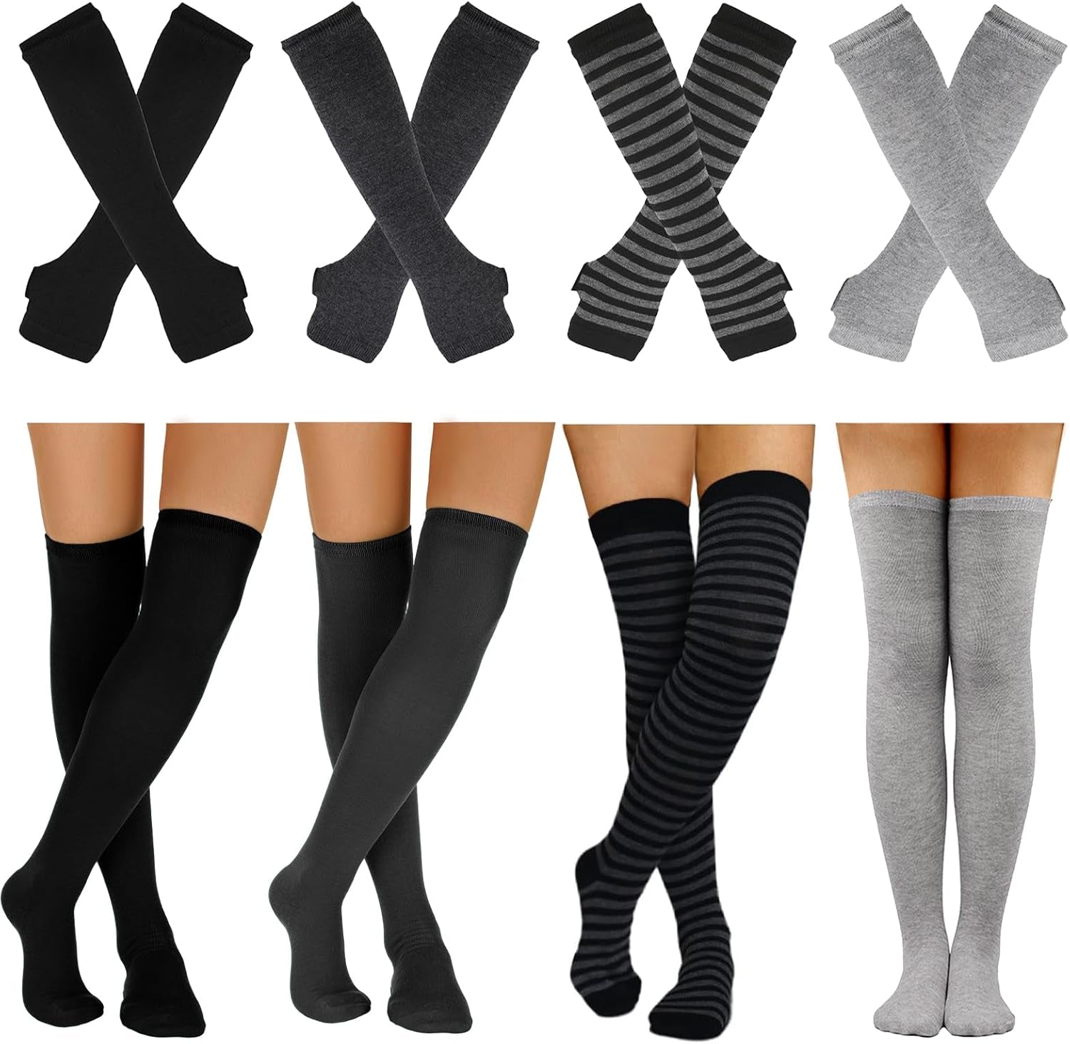 8 Pcs Womens Striped Knee High Socks Stockings Y2K Goth Knitted Long Arm Warmer Fingerless Gloves Set