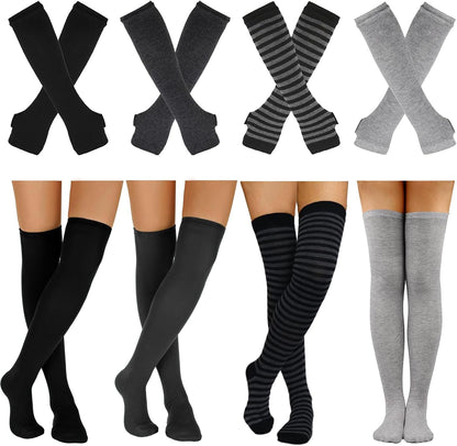8 Pcs Womens Striped Knee High Socks Stockings Y2K Goth Knitted Long Arm Warmer Fingerless Gloves Set