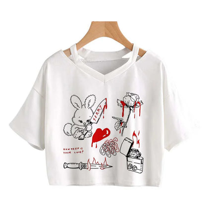 Summer Crop Tops V-Neck Punk Gothic Clothing Tee Harajuku Sexy Short Sleeve T-Shirts Streetwear Short Crop Top Women Aesthetics