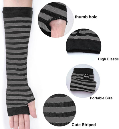 8 Pcs Womens Striped Knee High Socks Stockings Y2K Goth Knitted Long Arm Warmer Fingerless Gloves Set