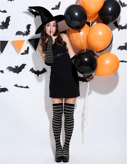 8 Pcs Womens Striped Knee High Socks Stockings Y2K Goth Knitted Long Arm Warmer Fingerless Gloves Set