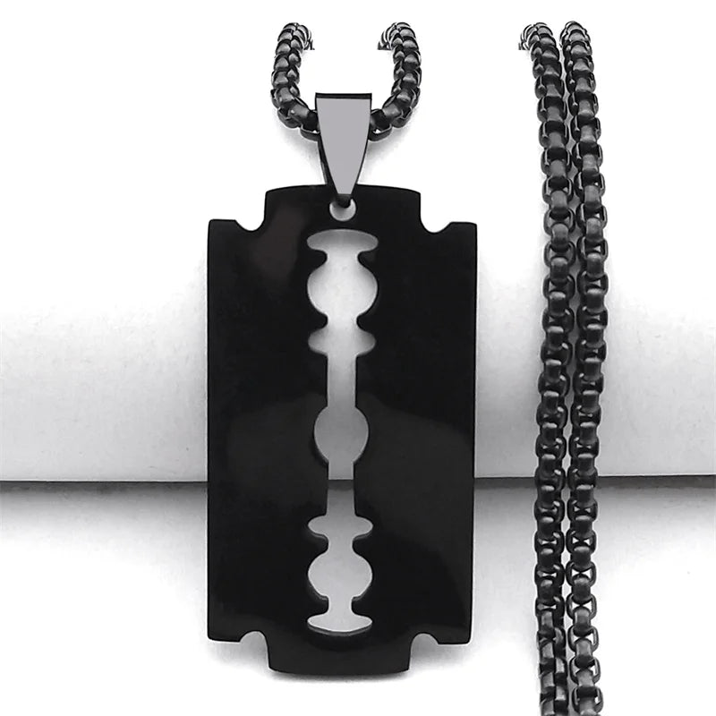 Gothic Blade Razor Pendant Necklaces Men Stainless Steel Black Goth Male Chain Necklace Grunge Y2K Emo Jewelry Collier Homme