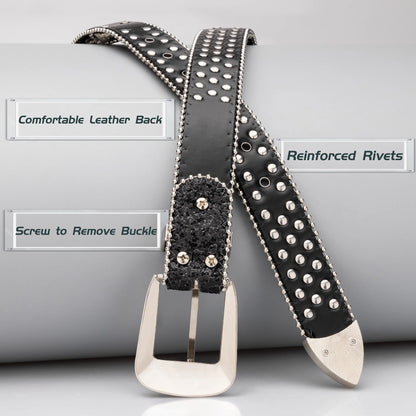 Head Skull Buckle Belts for Mens & Womens Shinning Rhinestone Black Belts for Waist Size 27-30"