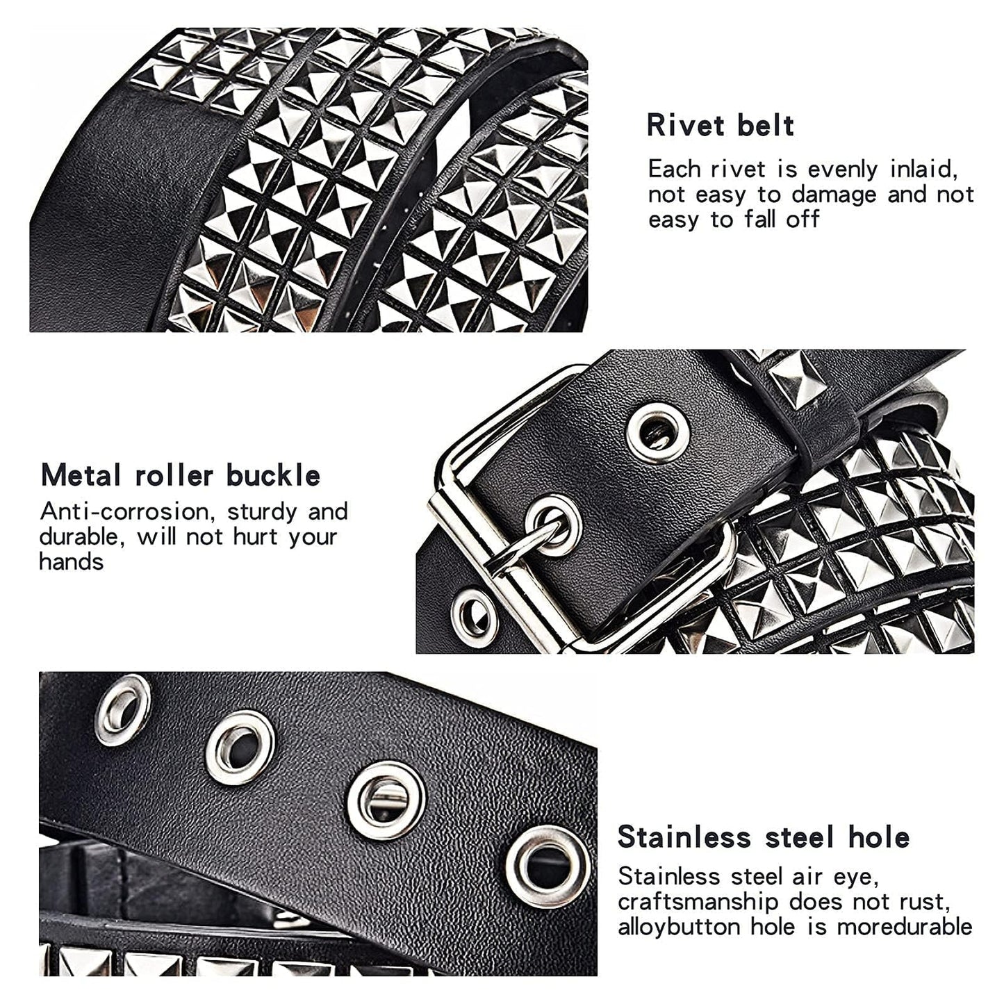 Black Studded Punk Rivet Belt with Bright Pyramid Studs for Men/Women