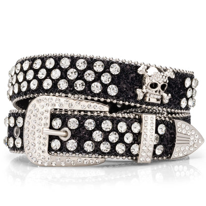 Head Skull Buckle Belts for Mens & Womens Shinning Rhinestone Black Belts for Waist Size 27-30"