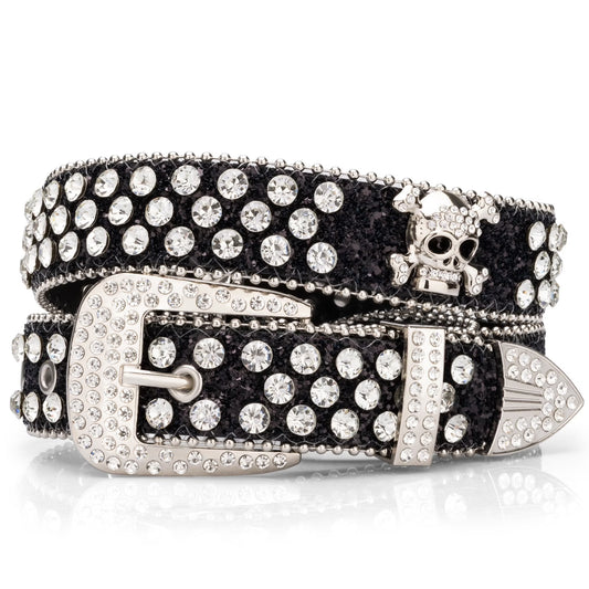 Head Skull Buckle Belts for Mens & Womens Shinning Rhinestone Black Belts for Waist Size 27-30"