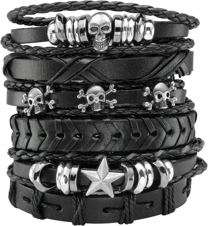 6Pcs Men Braided Leather Bracelet Black Punk Rock Skull Bracelet