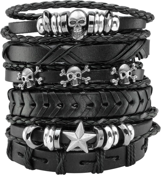 6Pcs Men Braided Leather Bracelet Black Punk Rock Skull Bracelet