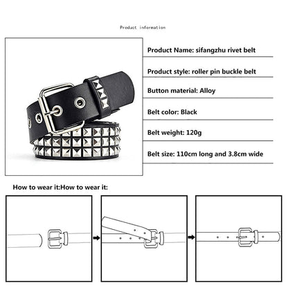 Black Studded Punk Rivet Belt with Bright Pyramid Studs for Men/Women