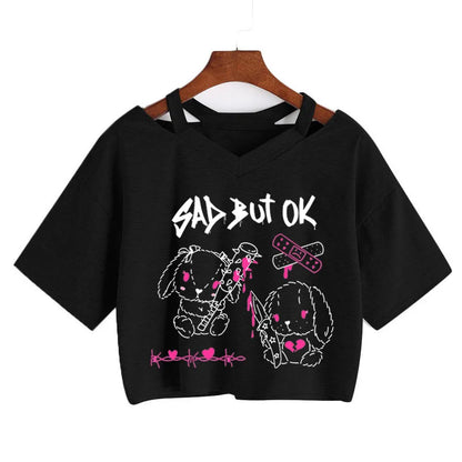 Summer Crop Tops V-Neck Punk Gothic Clothing Tee Harajuku Sexy Short Sleeve T-Shirts Streetwear Short Crop Top Women Aesthetics