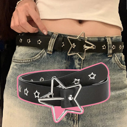 Y2K Punk Star Eyelet Black Rivet Belt Goth Pu Leather Belts for Women Jeans Pants Boys and Girls Students Belt