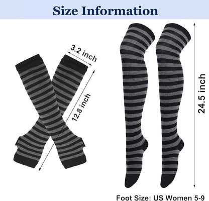 8 Pcs Womens Striped Knee High Socks Stockings Y2K Goth Knitted Long Arm Warmer Fingerless Gloves Set
