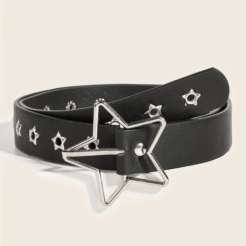 Y2K Punk Star Eyelet Black Rivet Belt Goth Pu Leather Belts for Women Jeans Pants Boys and Girls Students Belt