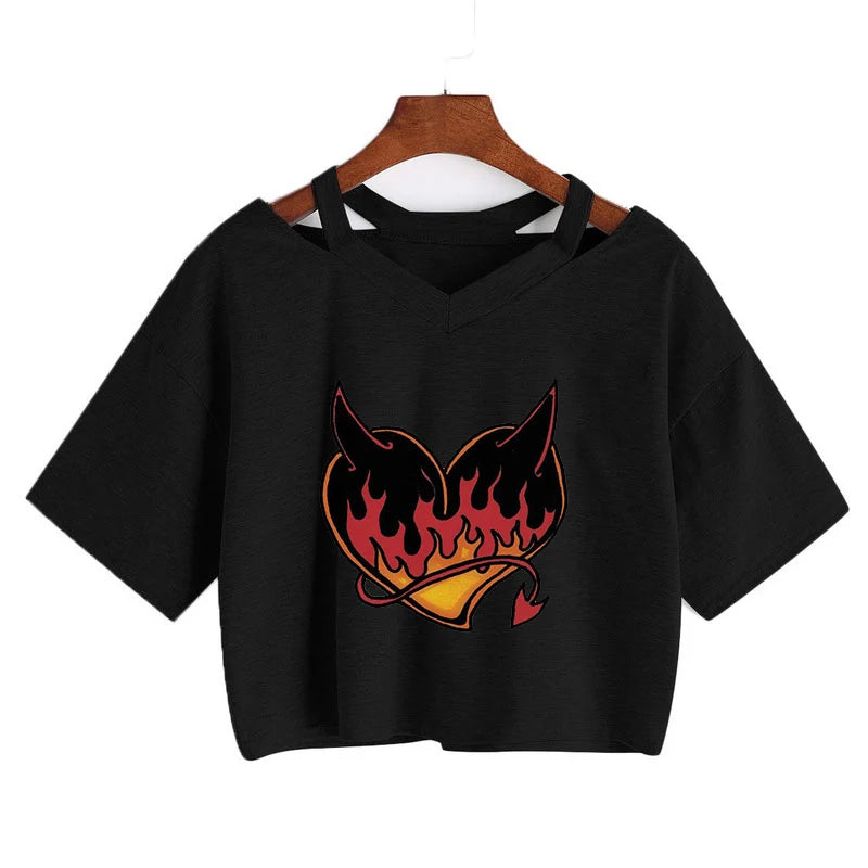 Summer Crop Tops V-Neck Punk Gothic Clothing Tee Harajuku Sexy Short Sleeve T-Shirts Streetwear Short Crop Top Women Aesthetics