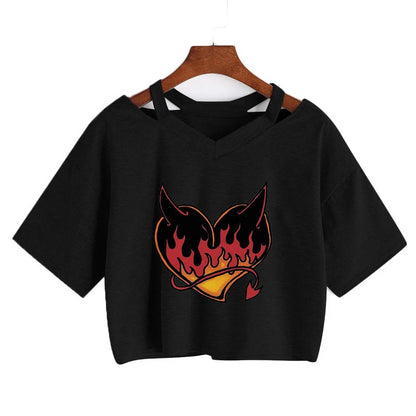Summer Crop Tops V-Neck Punk Gothic Clothing Tee Harajuku Sexy Short Sleeve T-Shirts Streetwear Short Crop Top Women Aesthetics