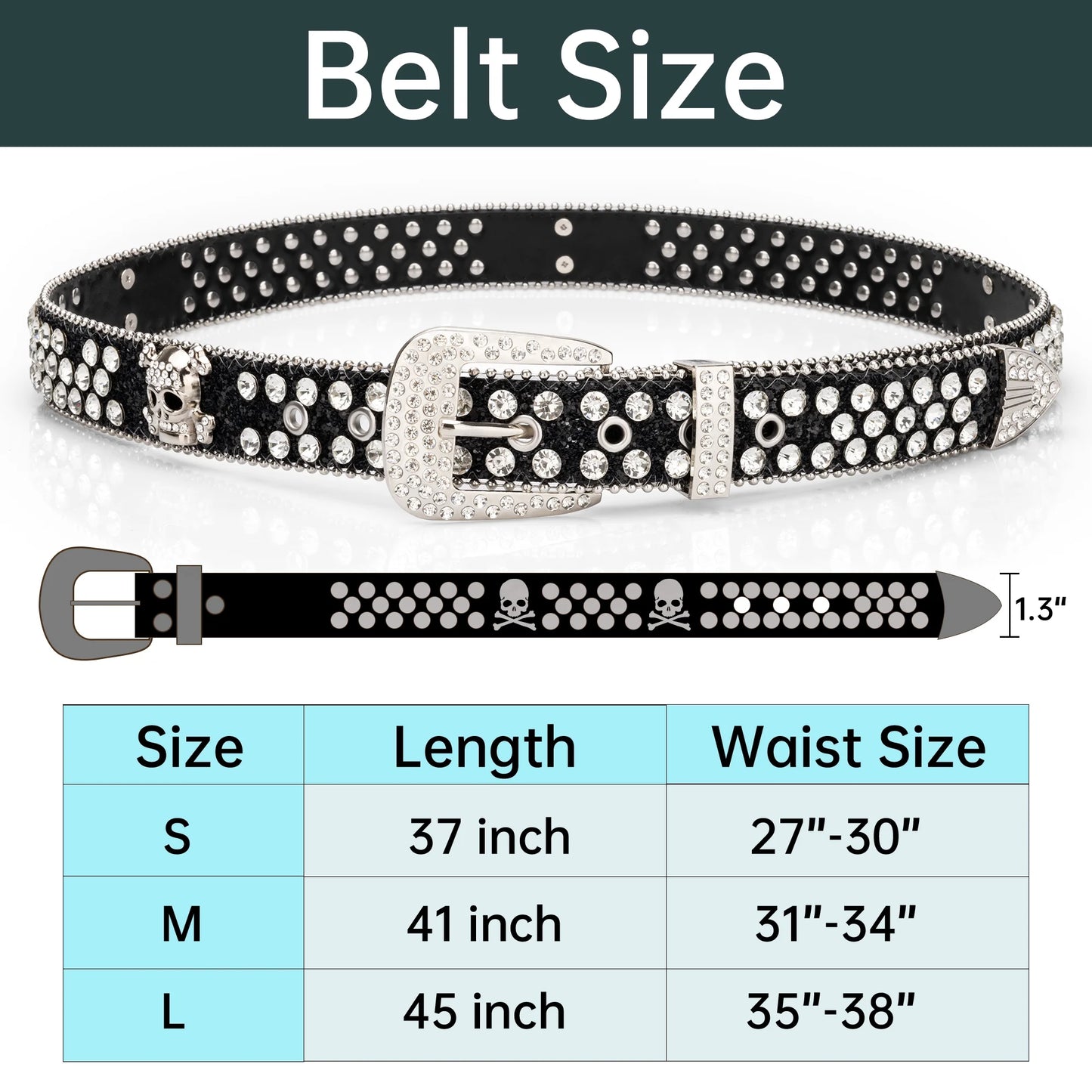 Head Skull Buckle Belts for Mens & Womens Shinning Rhinestone Black Belts for Waist Size 27-30"