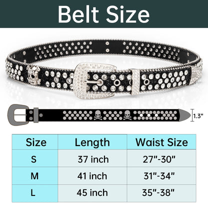 Head Skull Buckle Belts for Mens & Womens Shinning Rhinestone Black Belts for Waist Size 27-30"