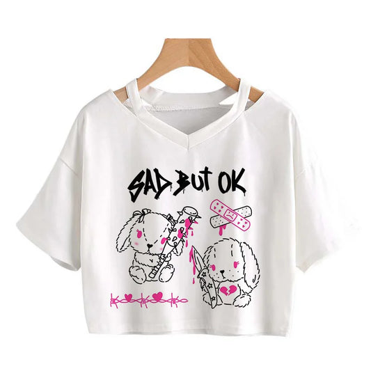 Summer Crop Tops V-Neck Punk Gothic Clothing Tee Harajuku Sexy Short Sleeve T-Shirts Streetwear Short Crop Top Women Aesthetics