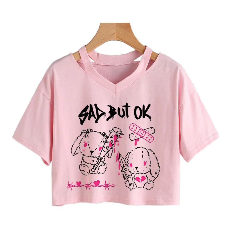 Summer Crop Tops V-Neck Punk Gothic Clothing Tee Harajuku Sexy Short Sleeve T-Shirts Streetwear Short Crop Top Women Aesthetics