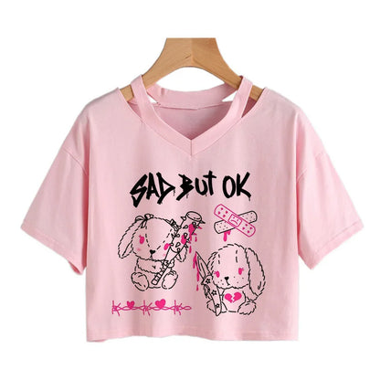 Summer Crop Tops V-Neck Punk Gothic Clothing Tee Harajuku Sexy Short Sleeve T-Shirts Streetwear Short Crop Top Women Aesthetics