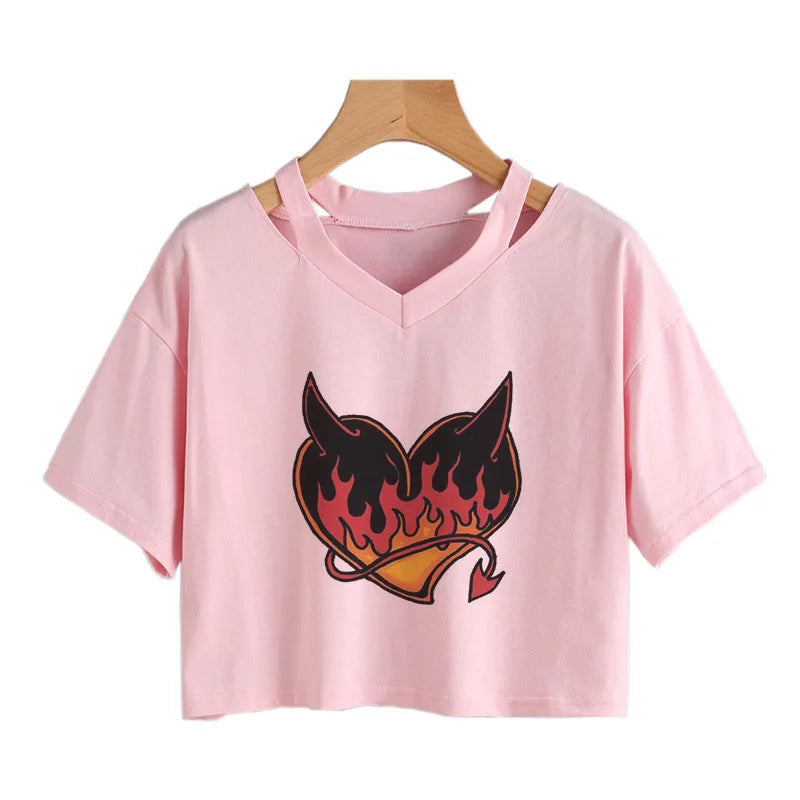 Summer Crop Tops V-Neck Punk Gothic Clothing Tee Harajuku Sexy Short Sleeve T-Shirts Streetwear Short Crop Top Women Aesthetics