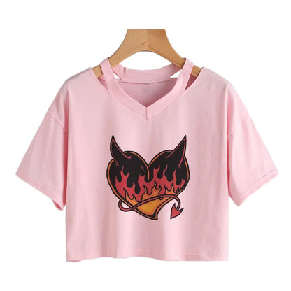 Summer Crop Tops V-Neck Punk Gothic Clothing Tee Harajuku Sexy Short Sleeve T-Shirts Streetwear Short Crop Top Women Aesthetics
