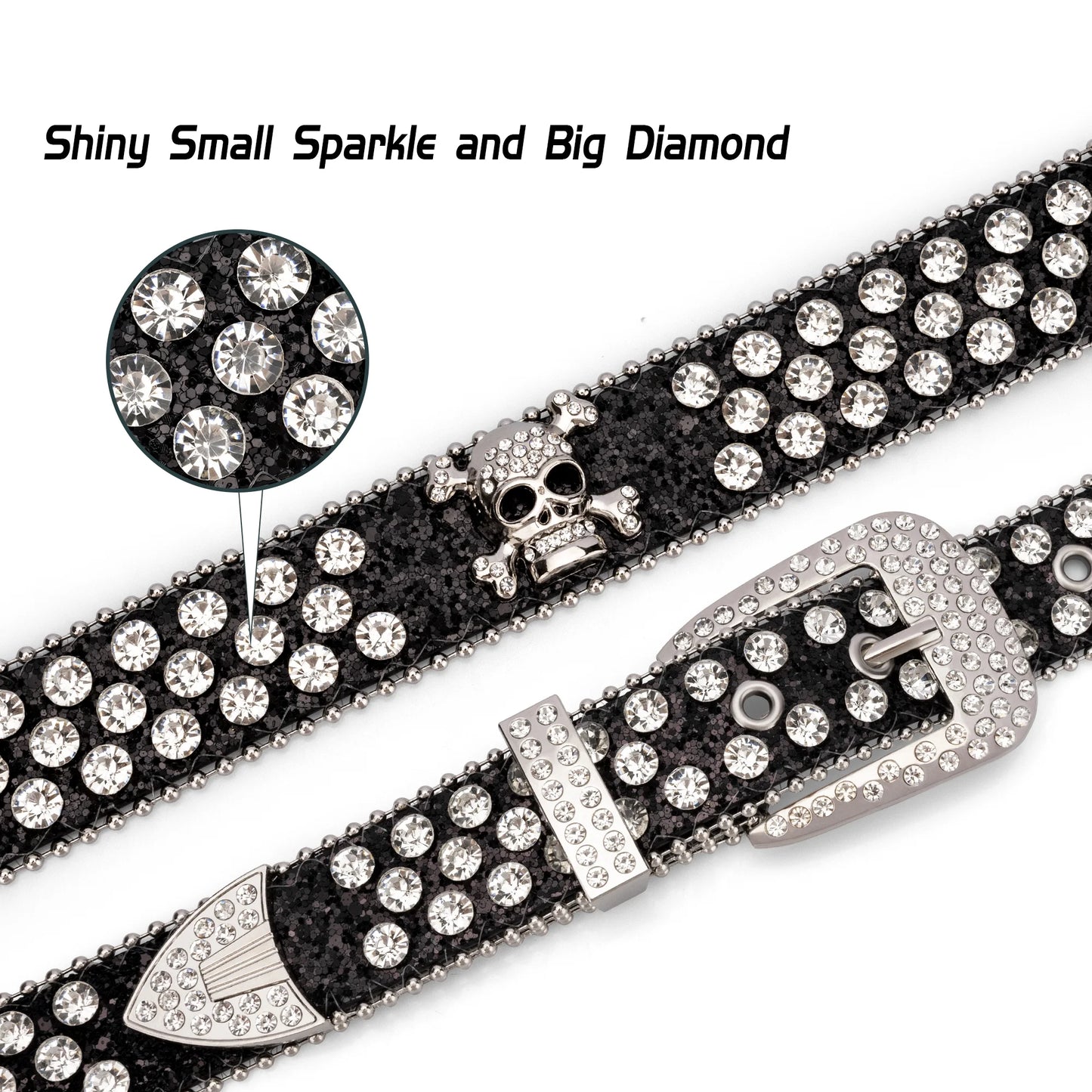 Head Skull Buckle Belts for Mens & Womens Shinning Rhinestone Black Belts for Waist Size 27-30"