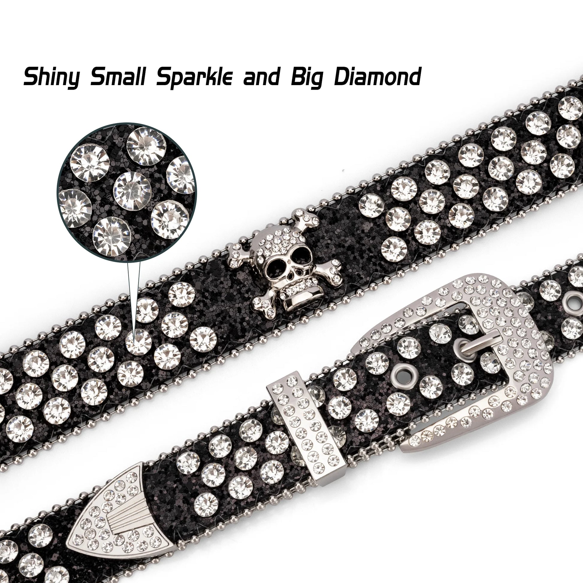 Head Skull Buckle Belts for Mens & Womens Shinning Rhinestone Black Belts for Waist Size 27-30"