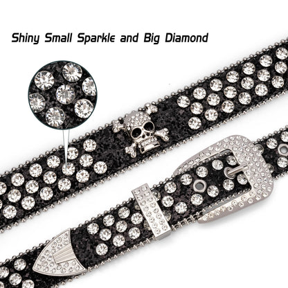 Head Skull Buckle Belts for Mens & Womens Shinning Rhinestone Black Belts for Waist Size 27-30"