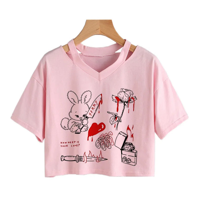 Summer Crop Tops V-Neck Punk Gothic Clothing Tee Harajuku Sexy Short Sleeve T-Shirts Streetwear Short Crop Top Women Aesthetics