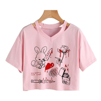 Summer Crop Tops V-Neck Punk Gothic Clothing Tee Harajuku Sexy Short Sleeve T-Shirts Streetwear Short Crop Top Women Aesthetics