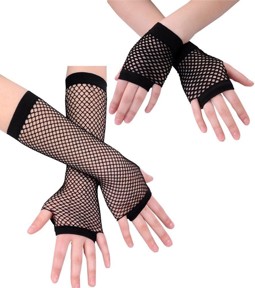 2 Pairs Long Short Fishnet Gloves 80S Goth Punk Rock Fingerless Fishnet Gloves for Club Costume Halloween Party