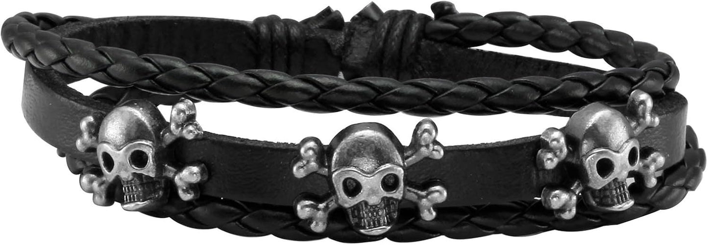 6Pcs Men Braided Leather Bracelet Black Punk Rock Skull Bracelet
